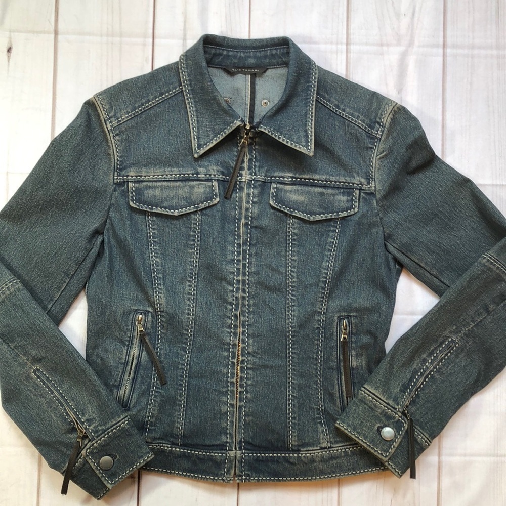 Vintage Elie Tahari Tapered Fitted Blue Denim Jacket Faux Leather Women's Small